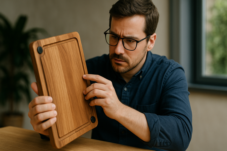 A procurement specialist meticulously examining a chopping board sample, focusing on the precision of a juice groove and testing the effectiveness of its non-slip feet, highlighting the detailed review process for quality and functionality.