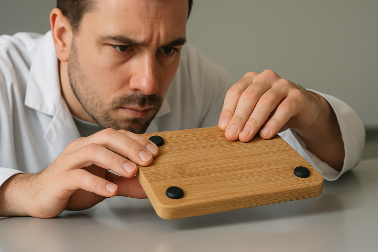 A quality control technician conducting a physical test on a chopping board's non-slip feet on a smooth surface, assessing adherence and stability, illustrating a key functional check during production.