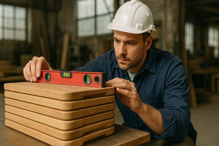 A professional quality inspector conducting a levelness test on a stack of finished wooden chopping boards, demonstrating a crucial on-site check during a Pre-Shipment Inspection (PSI) to identify any warpage before shipping.