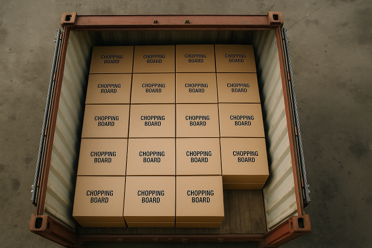 An overhead shot of a shipping container being loaded with neatly stacked boxes of chopping boards, illustrating the careful planning required for weight distribution and volume optimization in international logistics.