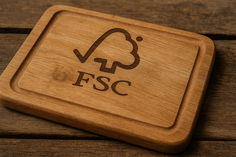 A visual representation of the FSC (Forest Stewardship Council) logo prominently displayed on a wooden chopping board, symbolizing verified sustainable sourcing and environmental responsibility, a key marketing and compliance feature.