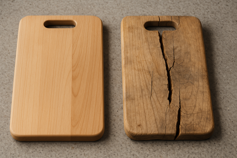 A side-by-side comparison of a new, pristine wooden chopping board next to a warped and cracked board, illustrating common post-shipment defects and the importance of quality assurance measures.