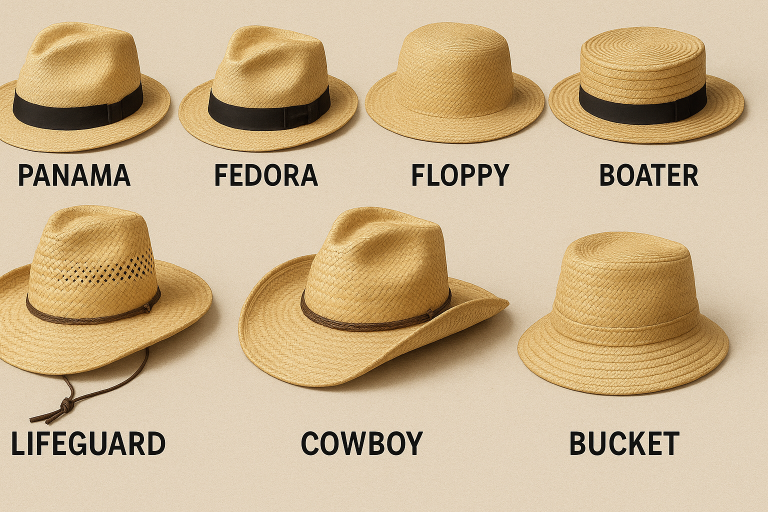 Visual catalog of common straw hat styles including Panama, Fedora, Floppy, Boater, Lifeguard, Cowboy, and Bucket hats, highlighting their characteristic shapes and brim sizes and aiding precise style specification.