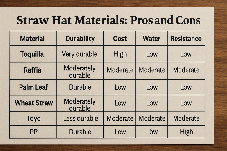 Comparison chart detailing the pros and cons of various straw hat materials, including Toquilla, Raffia, Palm Leaf, Wheat Straw, Toyo, and PP, focusing on durability, cost, and water resistance, guiding material selection.