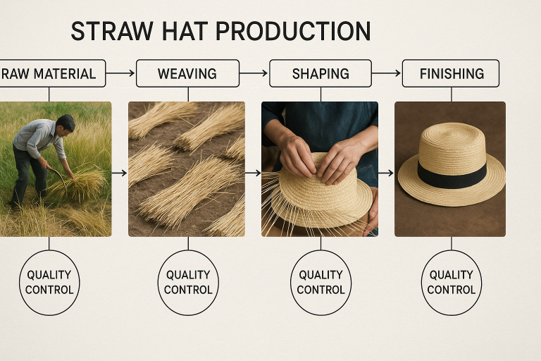 Flowchart illustrating the key stages of straw hat production, from raw material harvesting and drying to weaving, shaping, and final finishing, highlighting critical quality control points for buyers.