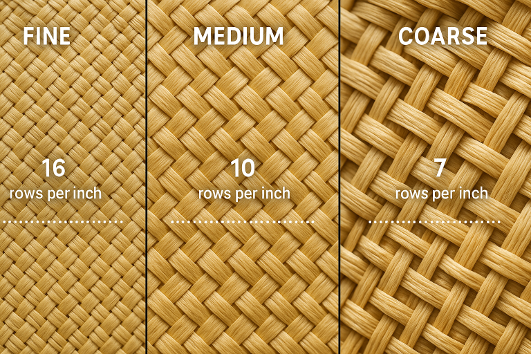 Close-up macro photographs comparing different weave densities in straw hats, illustrating fine (tight), medium, and coarse (loose) weaves with annotations showing 
