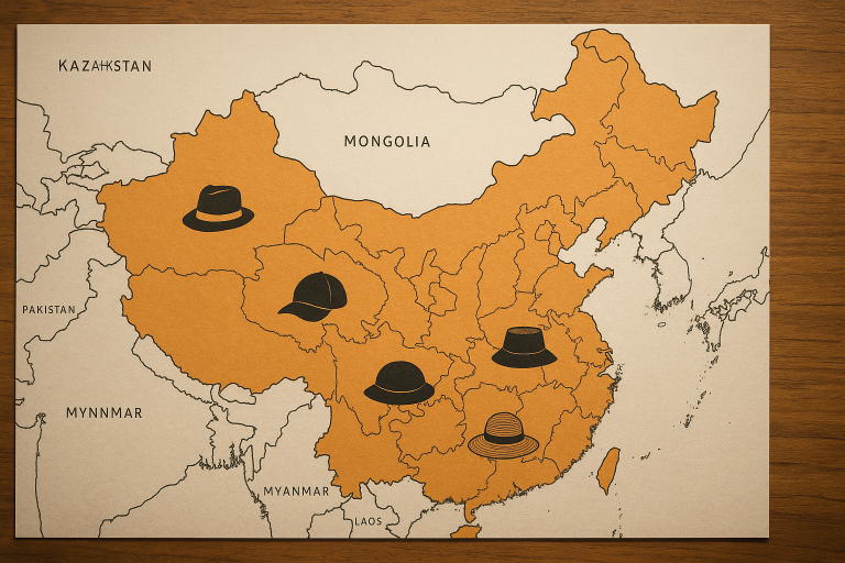 Map of China highlighting regions known for specific types of hat manufacturing or material processing, such as straw weaving centers or textile clusters, aiding targeted supplier search.