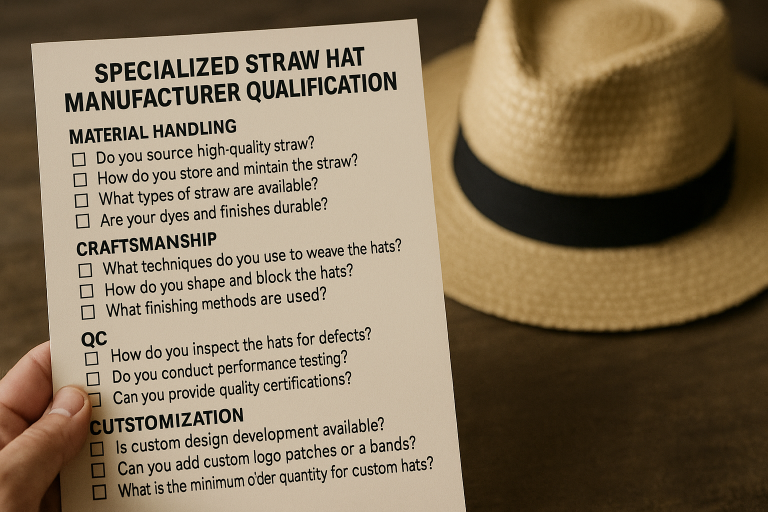 Comprehensive checklist for specialized straw hat manufacturer qualification, guiding buyers on critical questions about material handling, craftsmanship, QC, and customization capabilities.
