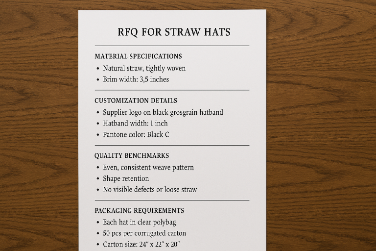 Example template of a detailed RFQ for straw hats, showing sections for material specifications, customization details, quality benchmarks, and essential packaging requirements.