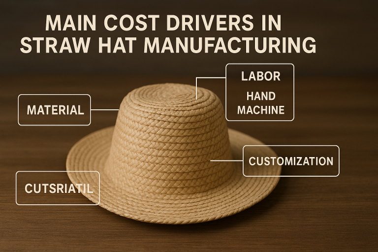 Diagram illustrating the main cost drivers in straw hat manufacturing, breaking down material, labor (hand vs. machine), customization, and overhead components, informing negotiation strategy.