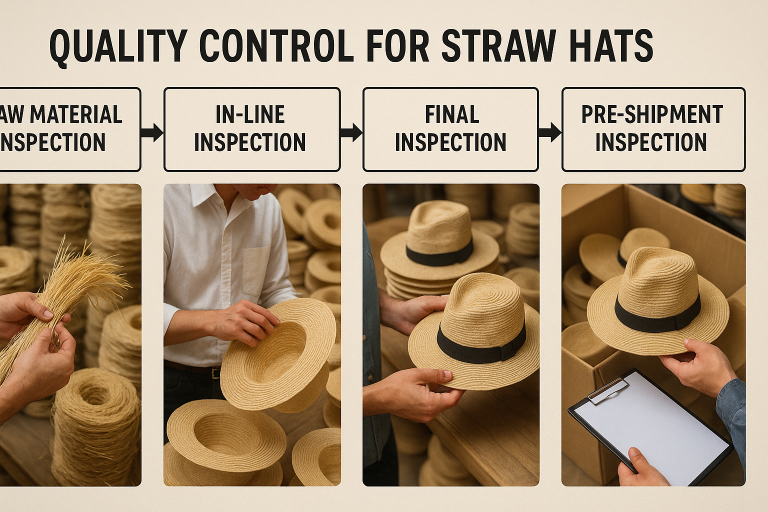 Diagram illustrating the various stages of quality control for straw hats, from raw material inspection and in-line checks to final pre-shipment inspection, for a robust QC strategy.