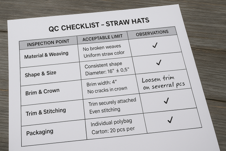 Example of a QC checklist tailored for straw hats, with columns for inspection points, acceptable limits, and observations, focusing on critical quality attributes and packaging.