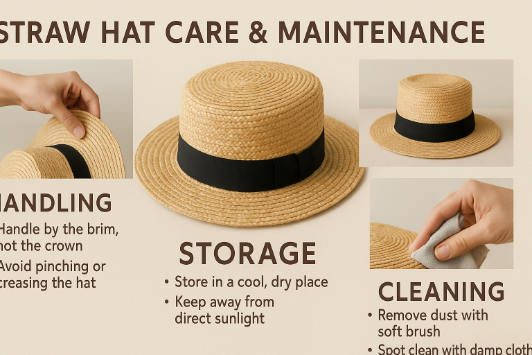 Infographic summarizing best practices for straw hat care and maintenance, emphasizing handling, storage, and cleaning tips to maximize product longevity and customer satisfaction.