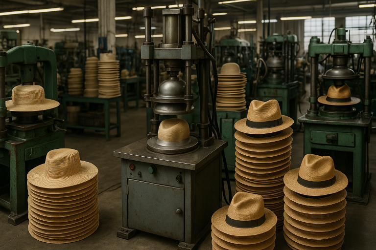 Factory floor overview of a straw hat manufacturer, emphasizing specialized machinery for shaping and finishing specific hat styles.