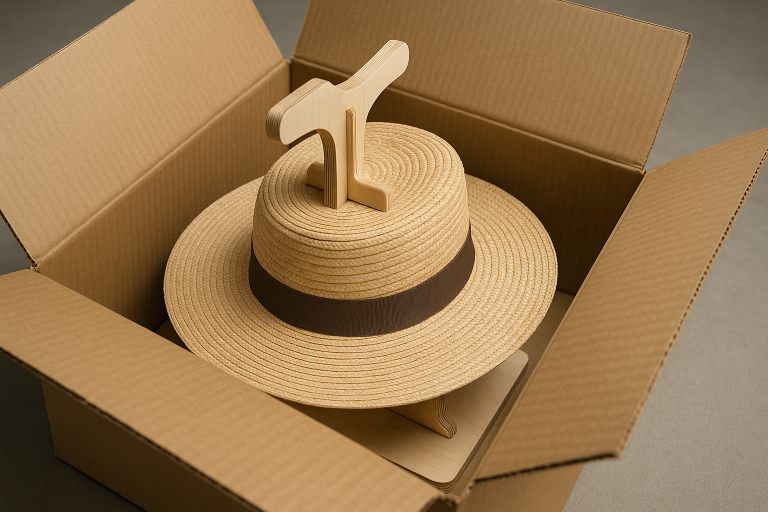 Example of a custom-designed hat stand used within a shipping box to maintain the integrity of a straw hat's crown and brim during transit.