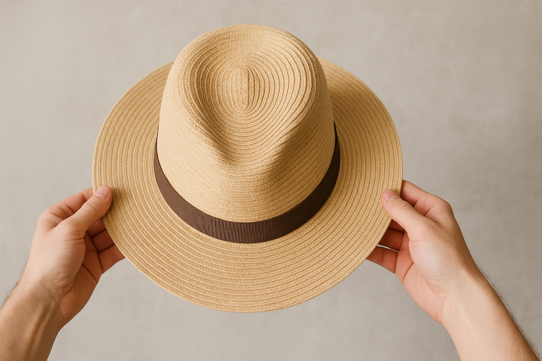 Visual guide demonstrating the correct way to handle a straw hat by the brim, preventing common damage points like crown pinching.