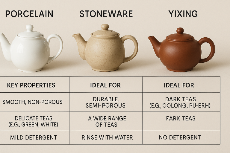 A visual comparison chart of different ceramic teapot types (Porcelain, Stoneware, Yixing) highlighting their key properties, ideal tea applications, and specific cleaning considerations, aiding professional buyers in material selection.