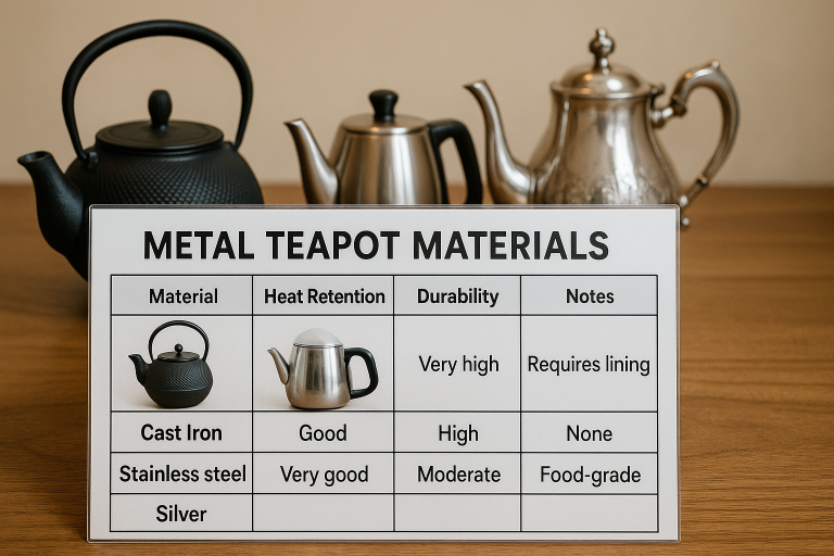 A comparative table illustrating different metal teapot materials (Cast Iron, Stainless Steel, Silver) based on key performance indicators such as heat retention, durability, and special considerations like internal lining requirements or food-grade standards, crucial for informed buyer decision-making.