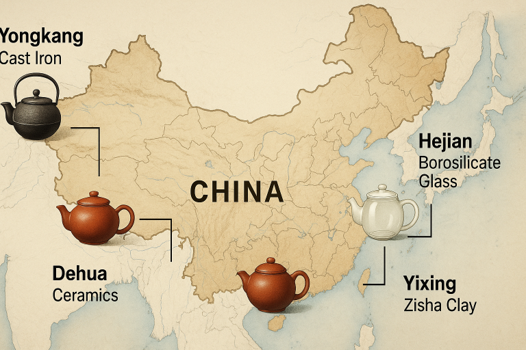 A geographical map of China highlighting specific regional production hubs specialized in different teapot materials (e.g., Yongkang for Cast Iron, Hejian for Borosilicate Glass, Dehua for Ceramics, Yixing for Zisha Clay), visually demonstrating how geographic specialization impacts strategic sourcing decisions.