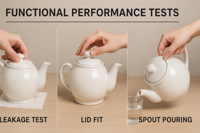 A visual guide and checklist for conducting comprehensive functional performance tests on teapots, illustrating examples of leakage tests, precise lid fit assessment, and critical spout pouring performance evaluation, directly aiding buyers in their final inspection protocols.