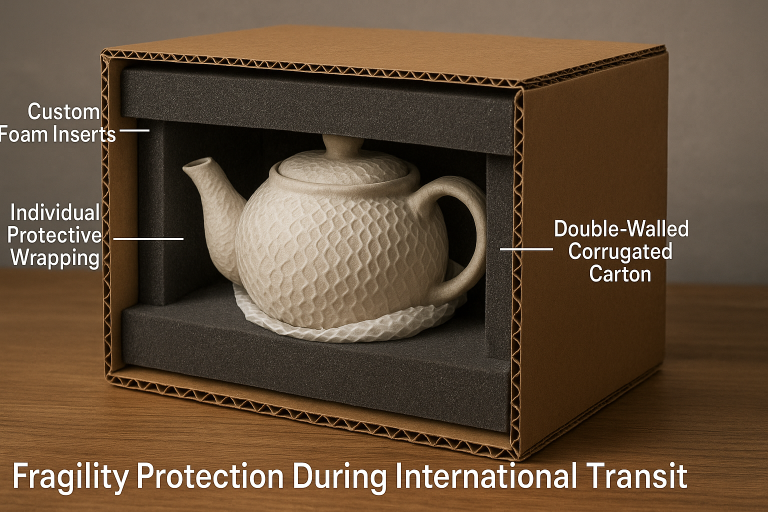 A detailed cross-section diagram showcasing specialized multi-layered packaging for a ceramic teapot, illustrating the strategic use of custom foam inserts, individual protective wrapping, and double-walled corrugated cartons, specifically designed to emphasize fragility protection during demanding international transit.