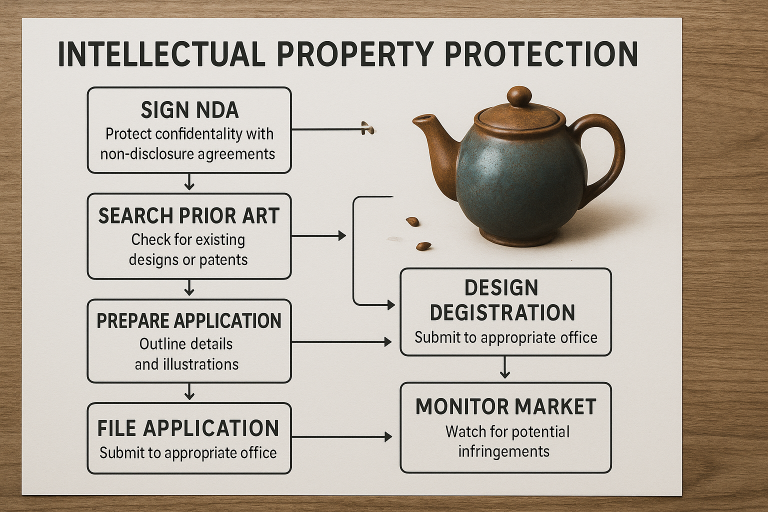 A simplified flowchart illustrating the multi-step process for Intellectual Property protection for a custom teapot design, covering critical actions from signing NDAs to design registration and ongoing market monitoring, providing a practical guide for brand owners.