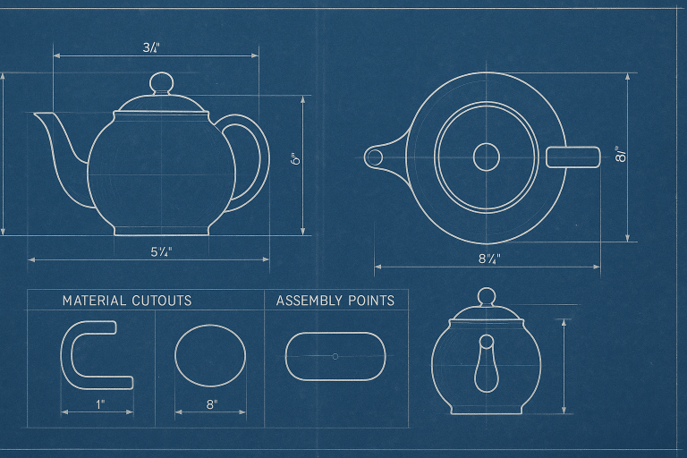A technical blueprint detailing the precise dimensions, material cutouts, and assembly points of a teapot design, serving as a visual reference for manufacturers to ensure accuracy during the RFQ and production phases.