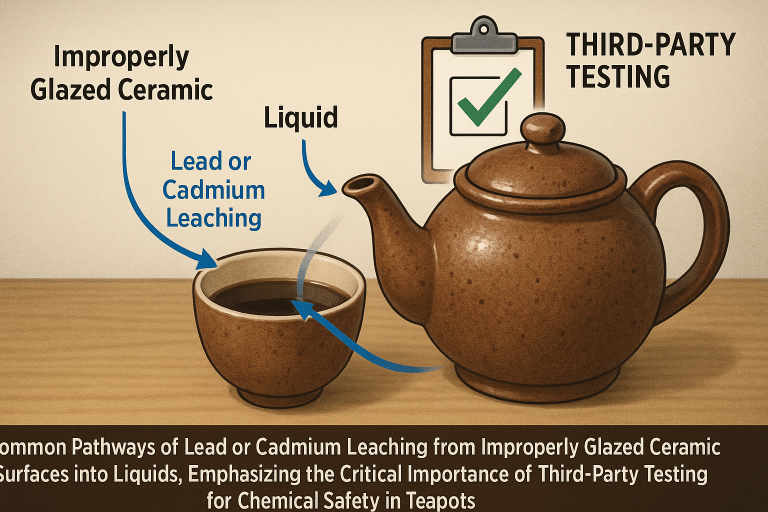 An illustrative diagram showing common pathways of lead or cadmium leaching from improperly glazed ceramic surfaces into liquids, emphasizing the critical importance of third-party testing for chemical safety in teapots.