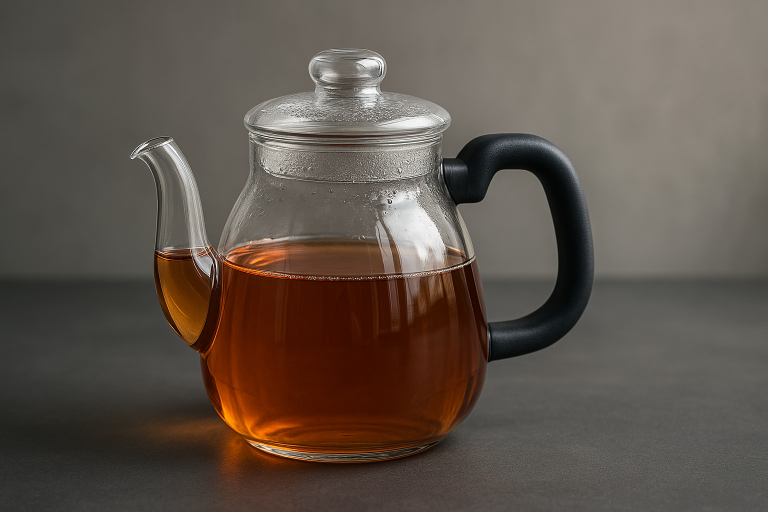 A professional rendering of a borosilicate glass teapot featuring a heat-resistant handle made from a contrasting material, illustrating key design considerations for user safety and comfort in high-temperature applications.
