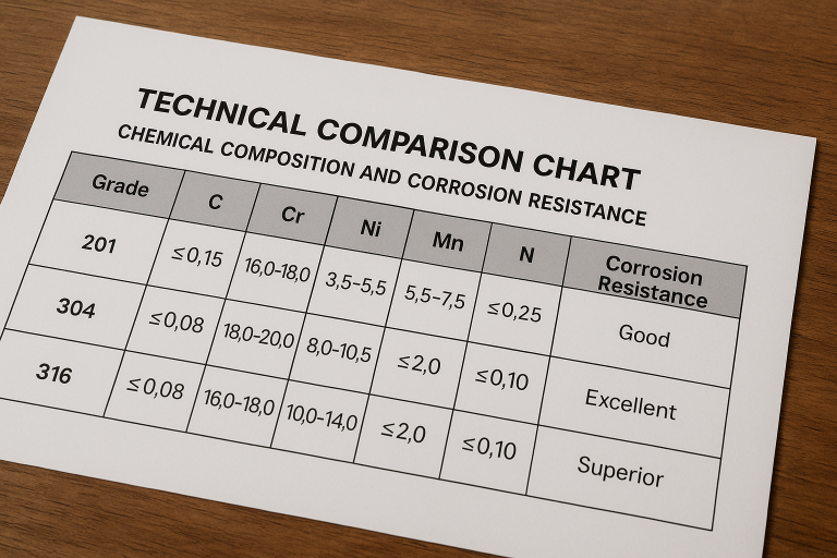 A technical comparison chart detailing the chemical composition and corrosion resistance of various stainless steel grades (e.g., 201, 304, 316), serving as a crucial visual aid for B2B buyers in specifying appropriate food-grade materials for teapots.
