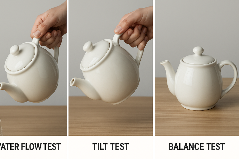A multi-panel image demonstrating essential teapot functional tests: a water flow test for spout drip-free performance, a tilt test to check lid security, and a balance test for stability on a flat surface, critical for B2B quality assessment.