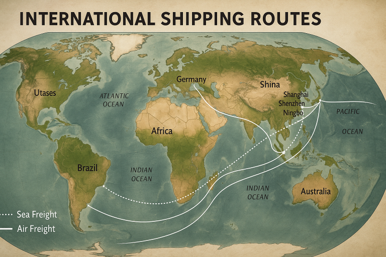 A global map highlighting common international shipping routes for cargo from major Chinese ports to various destinations, illustrating the logistical pathways for teapot imports via sea and air freight.
