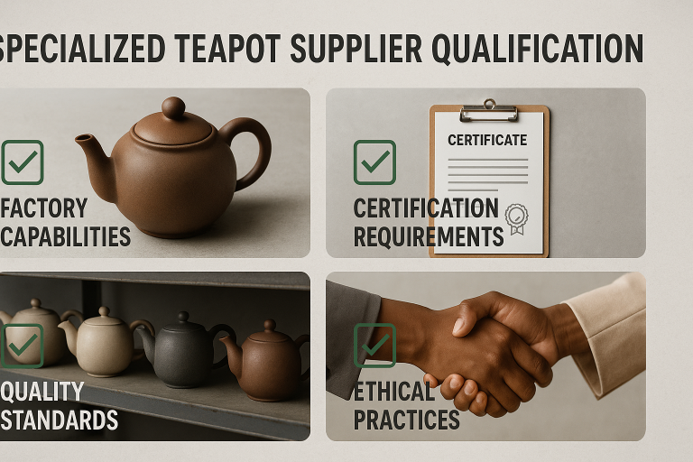 A visual checklist illustrating key criteria for specialized teapot supplier qualification, including factory capabilities, certification requirements, and ethical considerations, providing a structured approach for B2B importers.