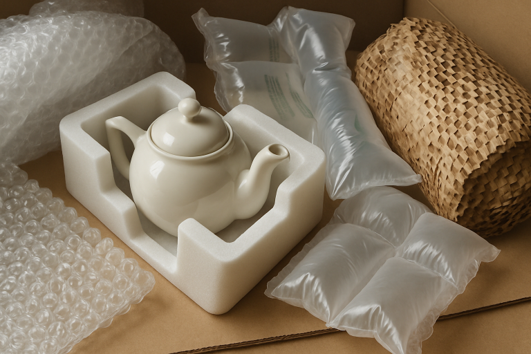 An assortment of various protective packaging materials (e.g., bubble wrap, foam inserts, air pillows, honeycomb paper) commonly used for fragile goods, visually representing the range of options available for securing teapots during shipment.