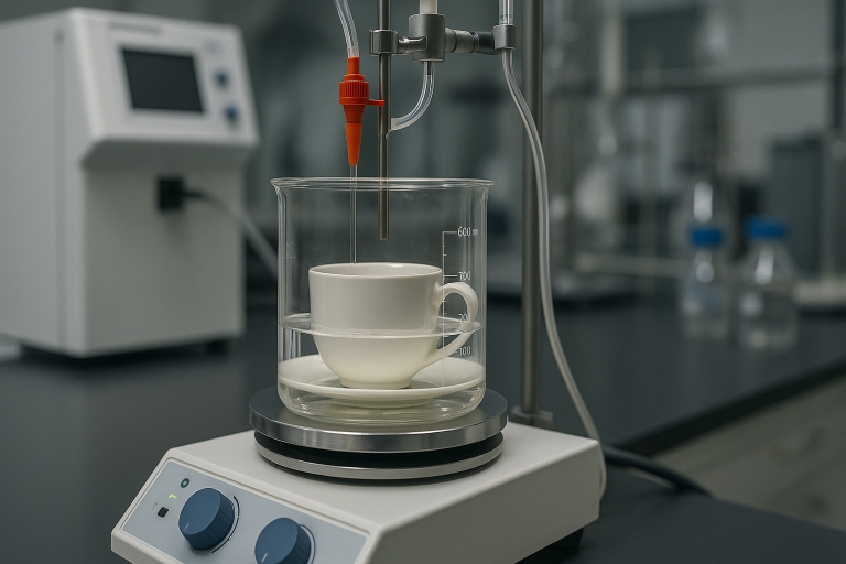 A laboratory setting showing specialized equipment conducting a chemical leaching test on ceramic teaware, visually representing the rigorous safety protocols required to ensure compliance with food contact material regulations like FDA or LFGB.