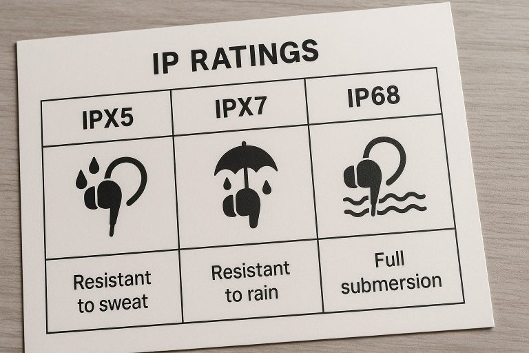 A clear, tabular chart explaining various IP (Ingress Protection) ratings, specifically IPX5, IPX7, and IP68, with distinct icons and descriptions relevant to earphone usage scenarios such as resistance to sweat, rain, or full submersion. This visual helps buyers quickly understand and specify appropriate durability levels.