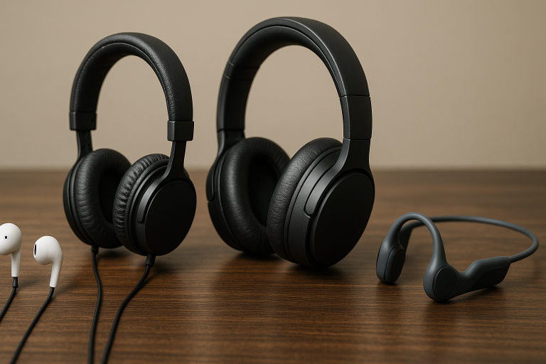 A visual comparative display showcasing diverse earphone designs including in-ear, on-ear, over-ear, and bone conduction models. This illustration highlights the breadth of product diversity available, assisting buyers in their initial product type selection process based on intended use and user preference.