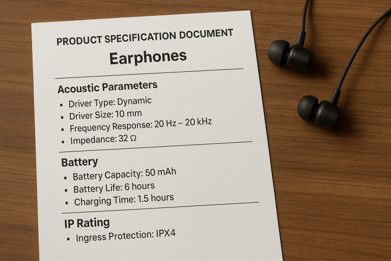 A visual template snippet illustrating a comprehensive Product Specification Document (PSD) specifically designed for earphones. It highlights critical sections such as detailed acoustic parameters, battery specifications, and required IP ratings, serving as an indispensable tool for clear communication with manufacturers.