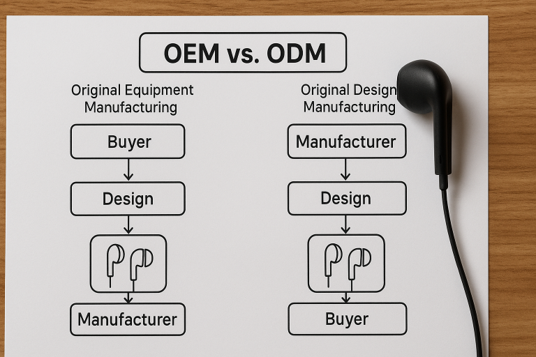A clear, illustrative flowchart outlining the fundamental distinctions between OEM (Original Equipment Manufacturing) and ODM (Original Design Manufacturing) processes specifically for earphone production. This visual guide aids buyers in making an informed decision about the appropriate sourcing model for their product development strategy.