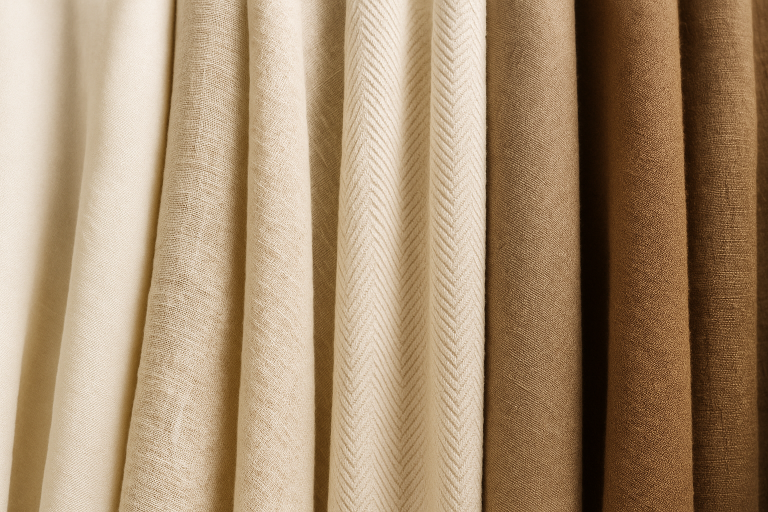 A display of multiple raw fabric bolts in various textures and weaves, demonstrating available material forms for custom scarf production, highlighting options for brands seeking greater control.