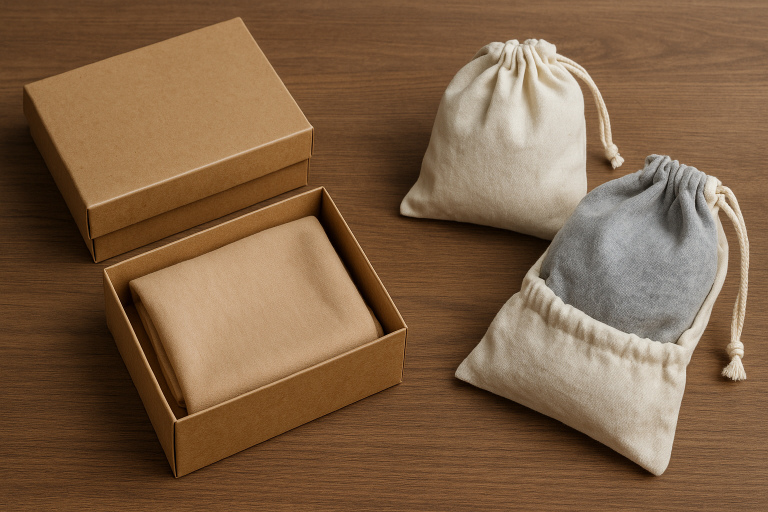 A comparative display of various sustainable packaging options for scarf products, including recycled kraft boxes and durable reusable cotton pouches, showcasing eco-conscious choices for brands.