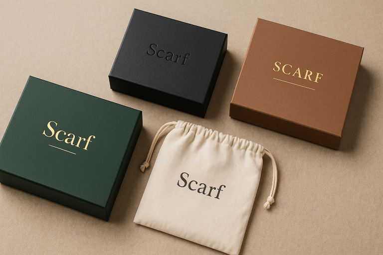 A sophisticated display of custom scarf boxes featuring various premium finishes (e.g., foil stamping, debossing) alongside a soft, reusable cotton pouch, demonstrating diverse branding and sustainable packaging options.