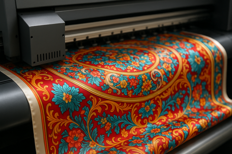 Close-up view of a digital textile printer applying a vibrant, intricate custom design onto a roll of silk fabric, illustrating high-fidelity reproduction for scarf customization.