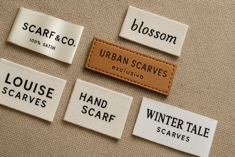 Assortment of custom woven and printed textile labels in various materials (satin, cotton, faux leather), showcasing branding options crucial for scarf products.
