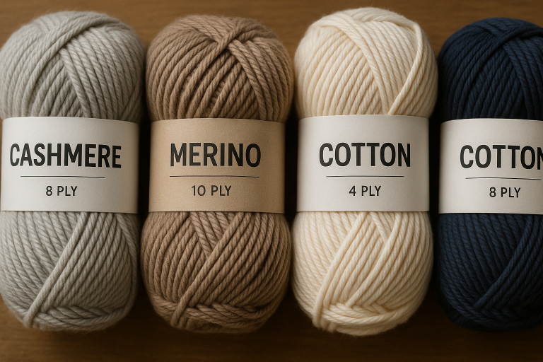 A collection of various yarn skeins (cashmere, merino, cotton), clearly labeled with fiber composition and yarn count, demonstrating raw material options for knitted or crocheted scarf production.