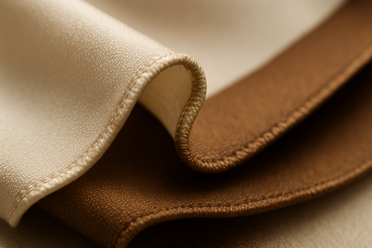 Extreme close-up of a perfectly executed hand-rolled hem on a silk scarf, illustrating the meticulous craftsmanship and precision required for luxury textile finishing.