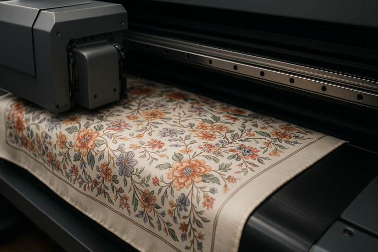 A specialized digital textile printer in operation, highlighting its precision in applying complex designs to scarf fabrics, critical for custom orders and design fidelity.