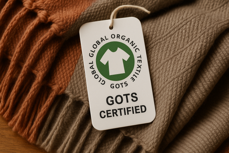 A GOTS (Global Organic Textile Standard) certified label prominently displayed on a textile product, signifying compliance with organic and ethical production criteria for scarf materials.