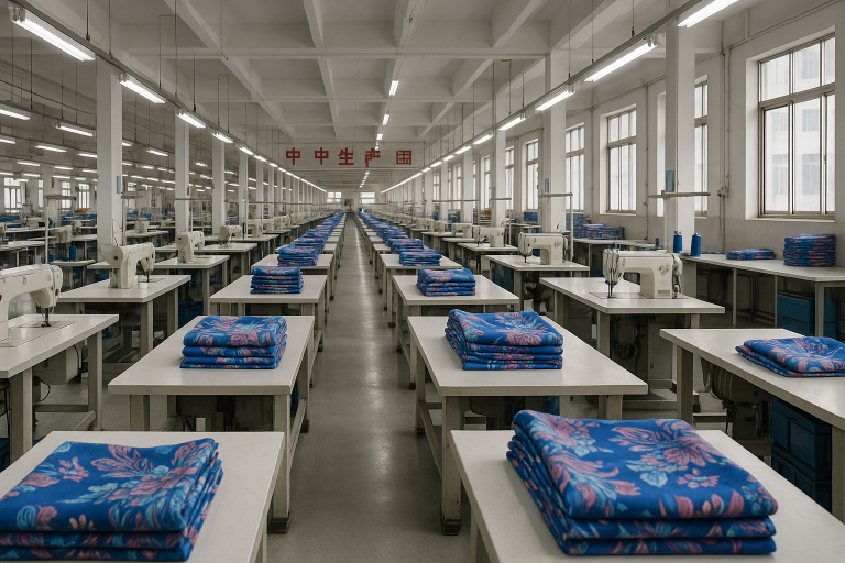 A clean and organized textile factory floor in China, with production lines for scarf manufacturing, visually representing a potential supplier's operational environment.