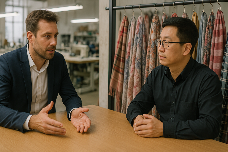 A professional business meeting between a buyer and a Chinese scarf supplies manufacturer, emphasizing direct communication in the supplier selection process.